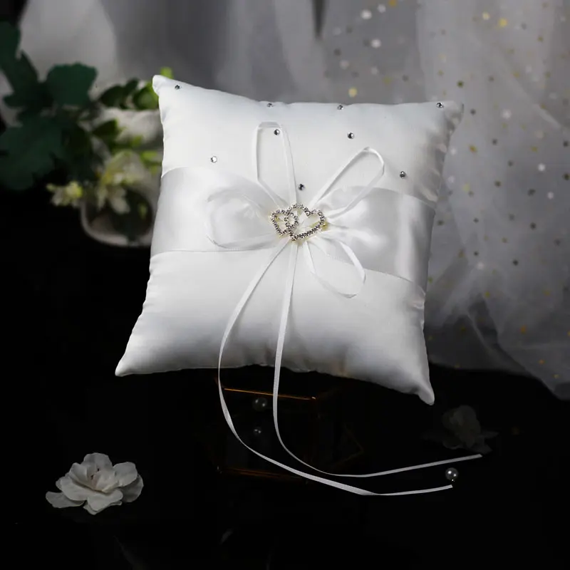 1Pcs 10*10cm Sparkling Rhinestones Wedding Ring Pillow Wedding Bridal Bowknot Double Heart Ring Bearer Pillow