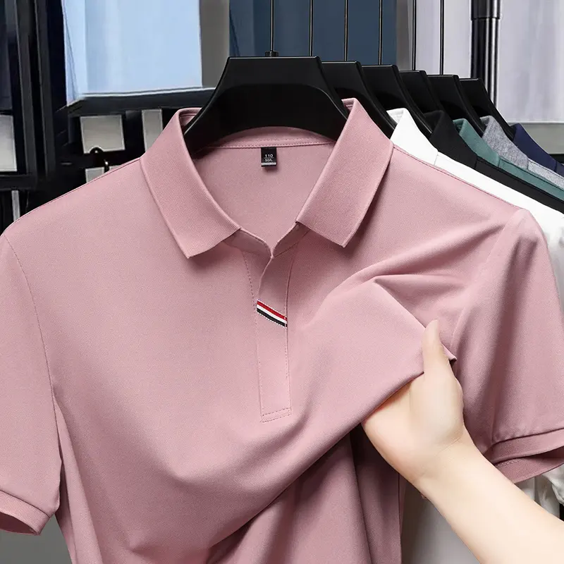 Summer Scissors Collar Ice Silk Short Sleeved T-shirt for Men 2025 Summer New Collection Flip Collar Men's Polo Shirt