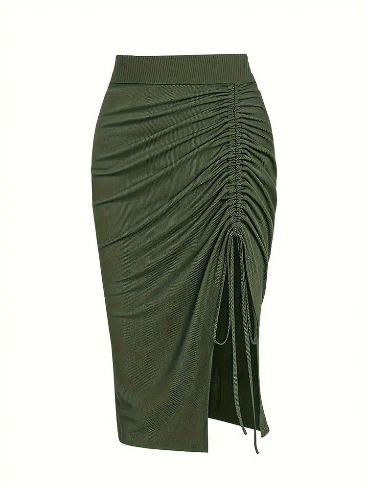 Plus Size 2024 Spring/Summer New  Solid Ruched Drawstring Split Skirt, Casual Bodycon Stretchy Skirt For Spring & Summer, Women