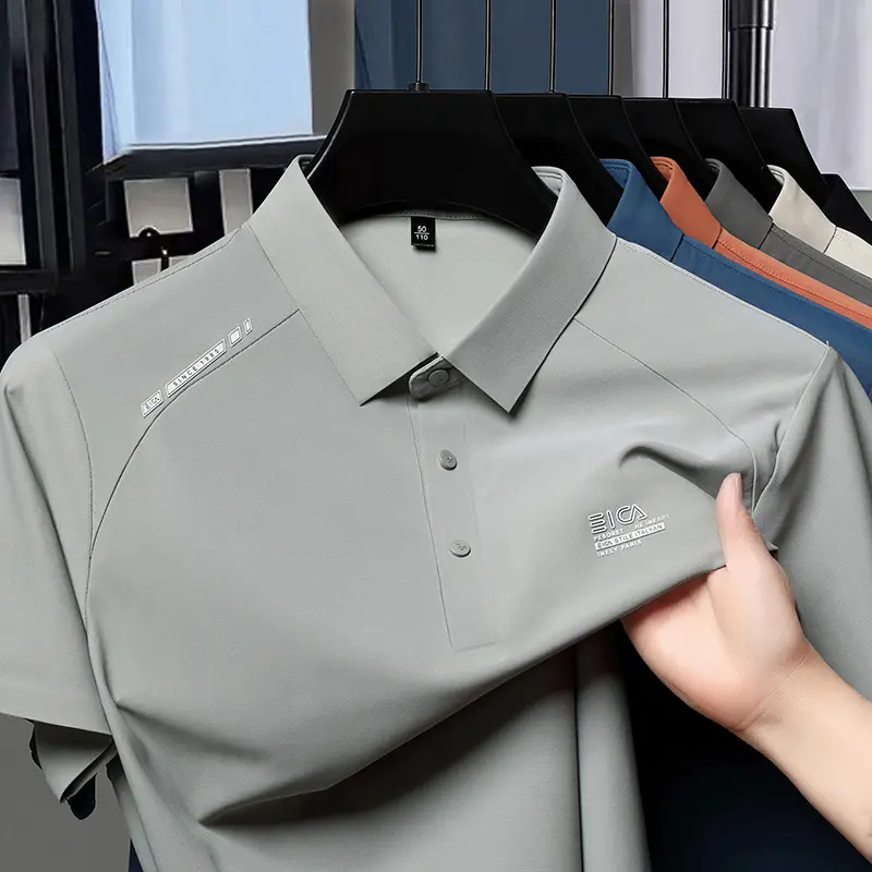 High quality ice silk short sleeve polo shirt cool breathable fashion brand letter printed summer casual men's lapel T-shirt