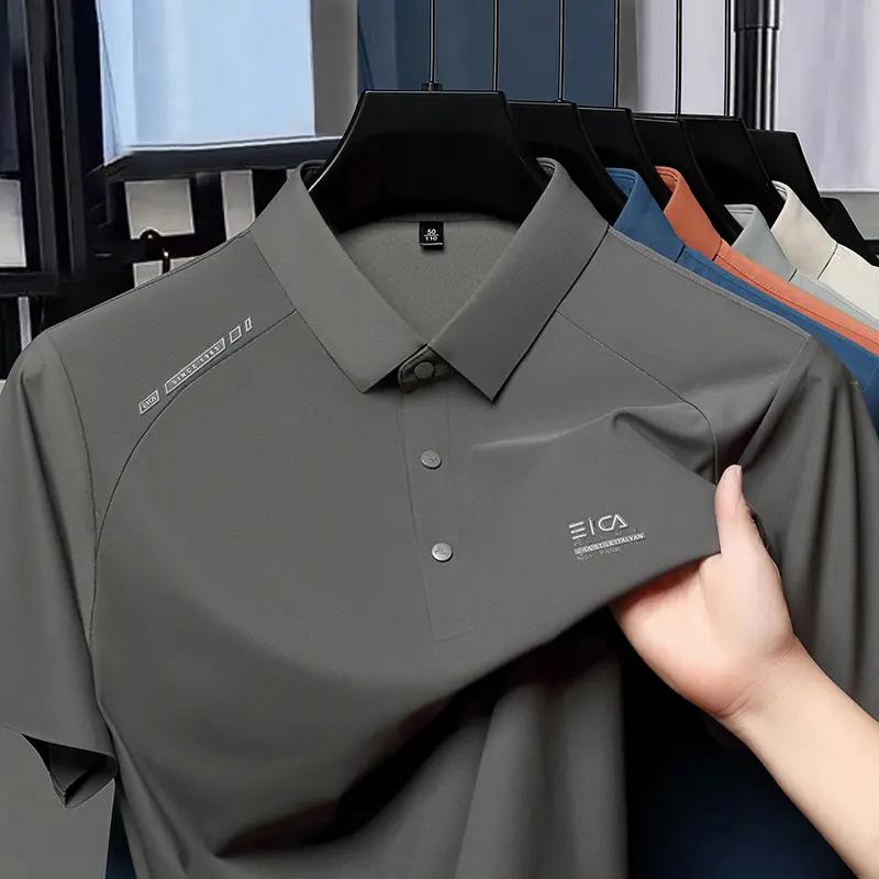 High quality ice silk short sleeve polo shirt cool breathable fashion brand letter printed summer casual men's lapel T-shirt