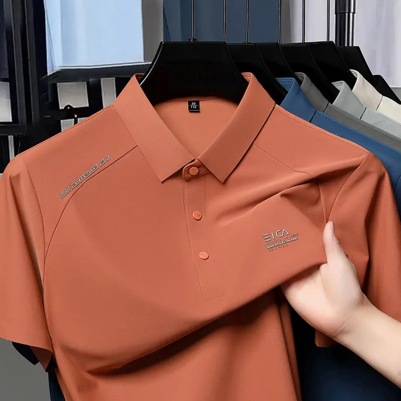 High quality ice silk short sleeve polo shirt cool breathable fashion brand letter printed summer casual men's lapel T-shirt
