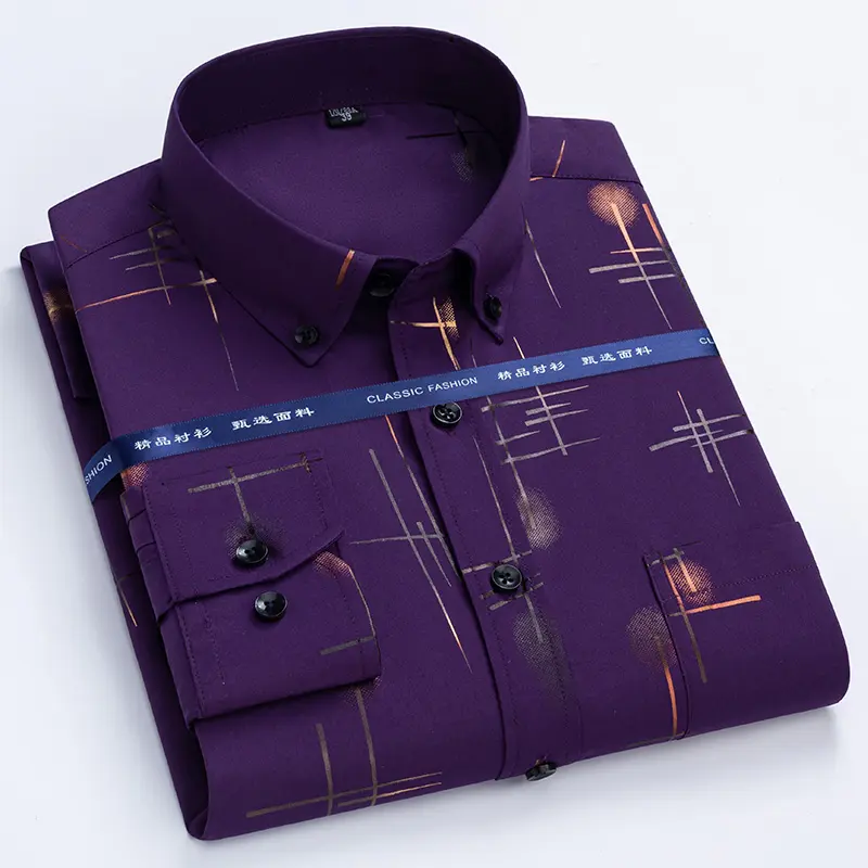 Latest Men's Dress Shirts Spring Autumn Non-iron Anti-wrinkle Business Casual Print Thin Plaid Soft Slim Fit Chemise Homme