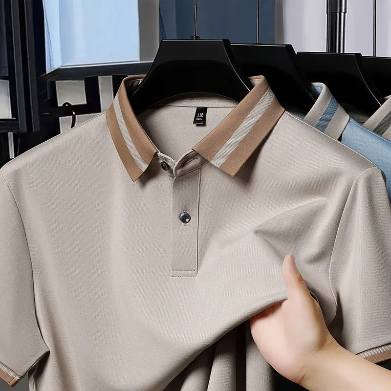 Summer Men's Ice Silk Seamless Short Sleeved Polo Shirt with A New Collar Solid Color Versatile Breathable and No Heat T-shirt