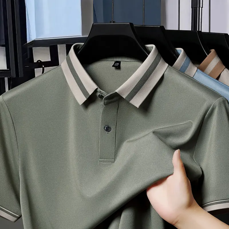Summer Men's Ice Silk Seamless Short Sleeved Polo Shirt with A New Collar Solid Color Versatile Breathable and No Heat T-shirt