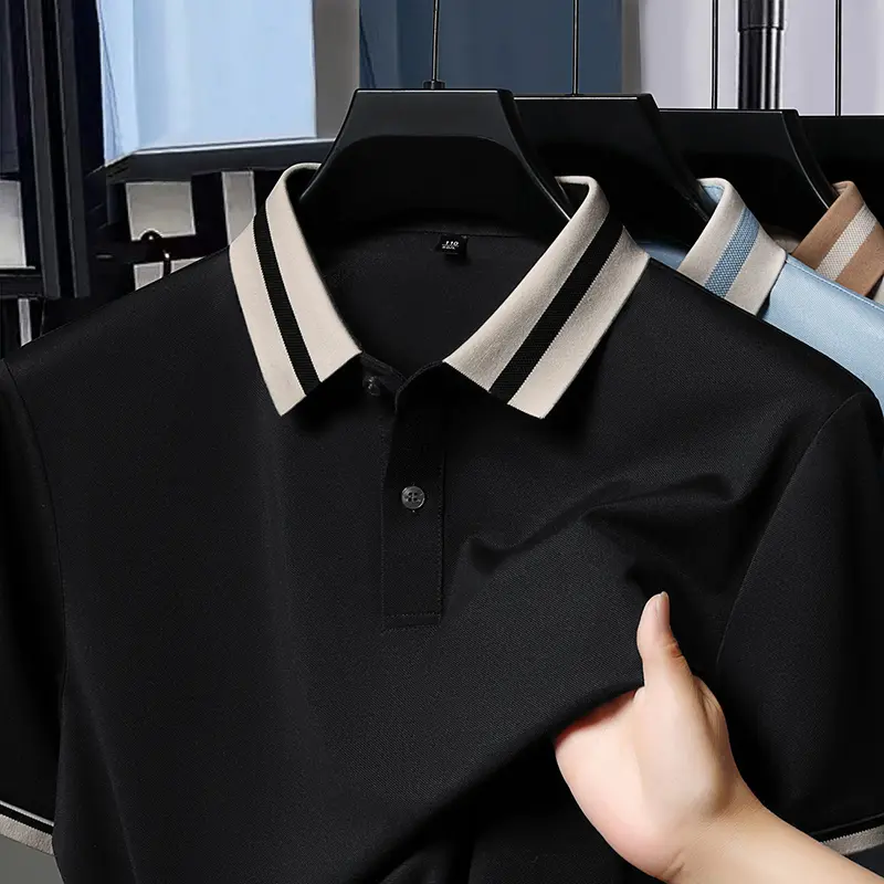 Summer Men's Ice Silk Seamless Short Sleeved Polo Shirt with A New Collar Solid Color Versatile Breathable and No Heat T-shirt