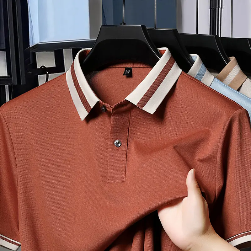 Summer Men's Ice Silk Seamless Short Sleeved Polo Shirt with A New Collar Solid Color Versatile Breathable and No Heat T-shirt