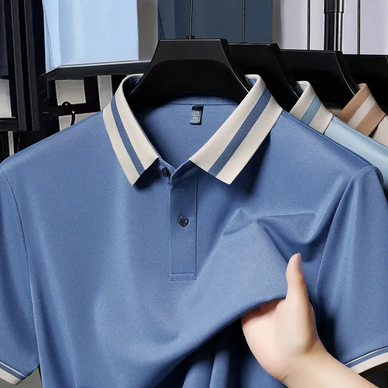 Summer Men's Ice Silk Seamless Short Sleeved Polo Shirt with A New Collar Solid Color Versatile Breathable and No Heat T-shirt