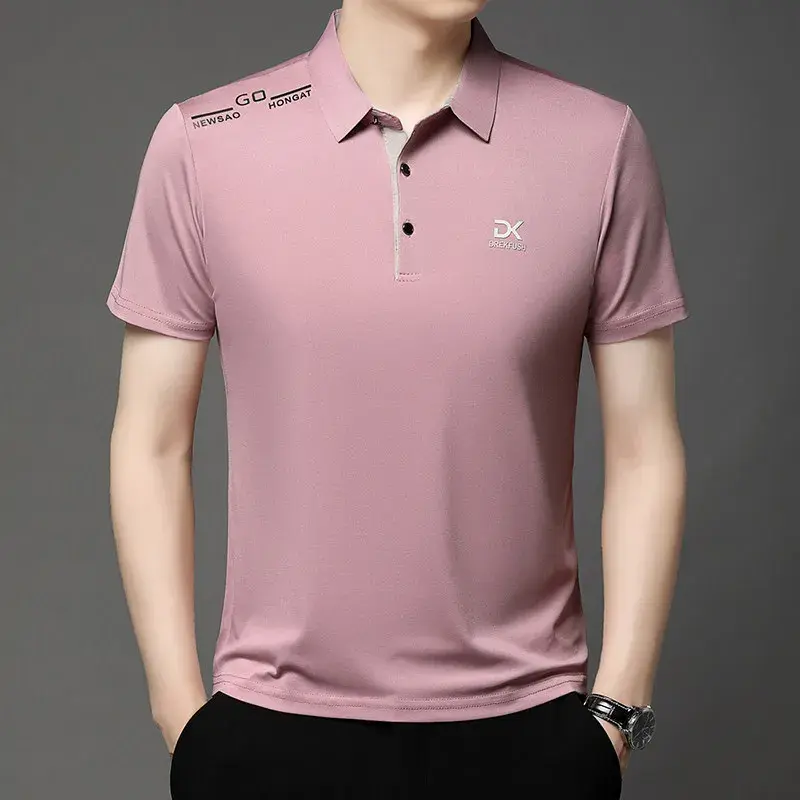 New Men's Business Casual Short Sleeved Shirt with Badge Solid Color Polo Shirt Fashionable Breathable Comfortable Versatile Top