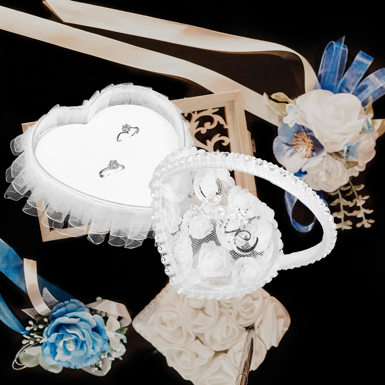 Mini Lace Ring Box Satin Wedding Ring Pillows With Handle Heart Shape Ceremony Bridal Party Supplies Festive Decorations