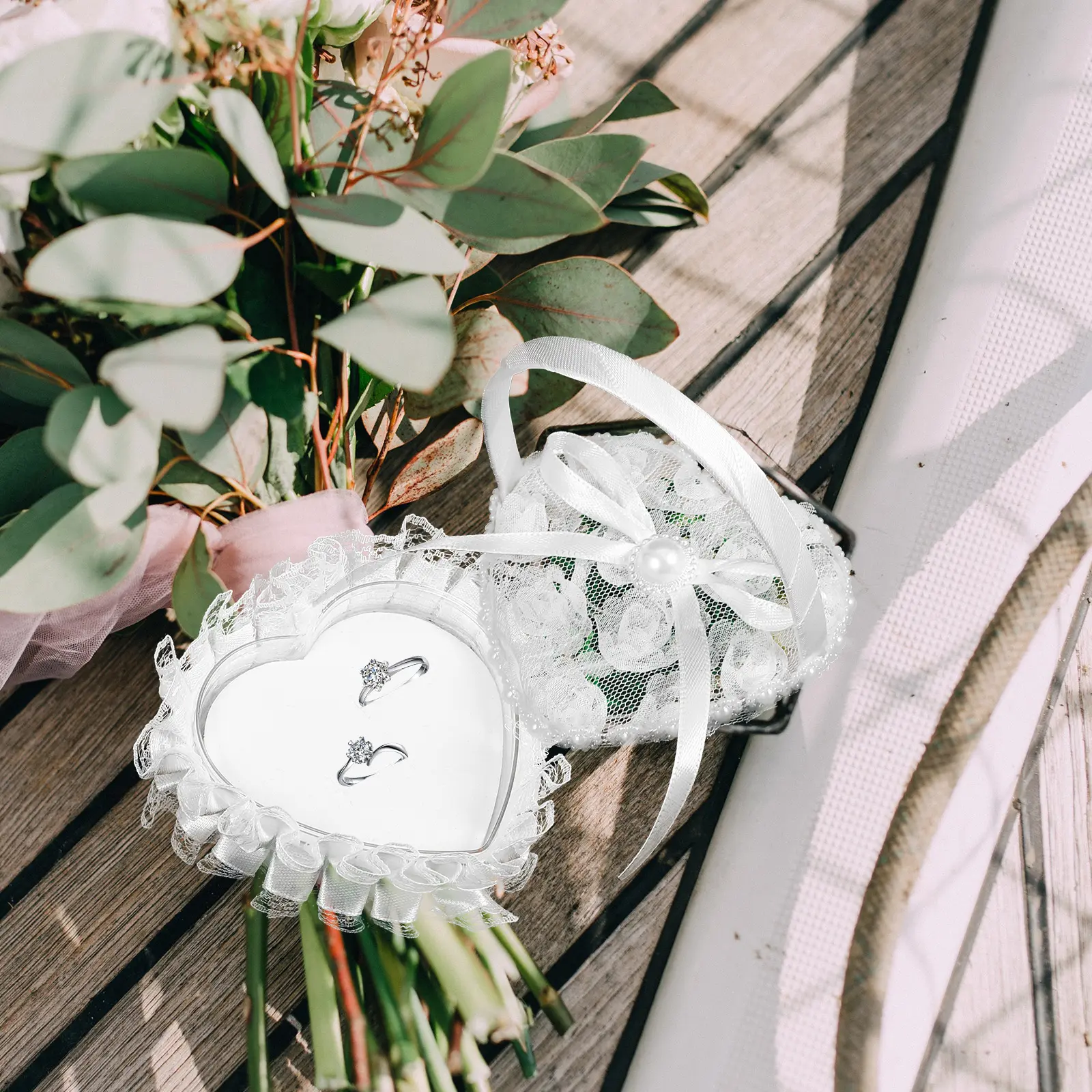 Mini Lace Ring Box Satin Wedding Ring Pillows With Handle Heart Shape Ceremony Bridal Party Supplies Festive Decorations