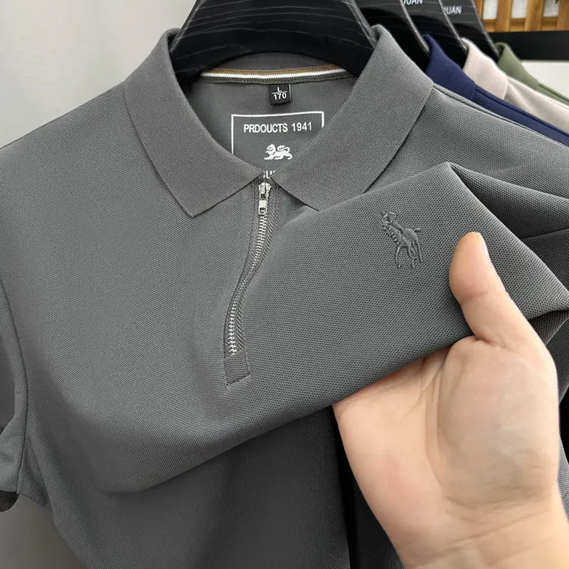 High End Luxury Men's Polo Shirt Lapel T-Shirt Summer New Half Zipper Horse Embroidery Short Sleeve Business Leisure Menswear