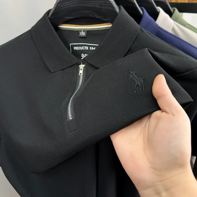 High End Luxury Men's Polo Shirt Lapel T-Shirt Summer New Half Zipper Horse Embroidery Short Sleeve Business Leisure Menswear