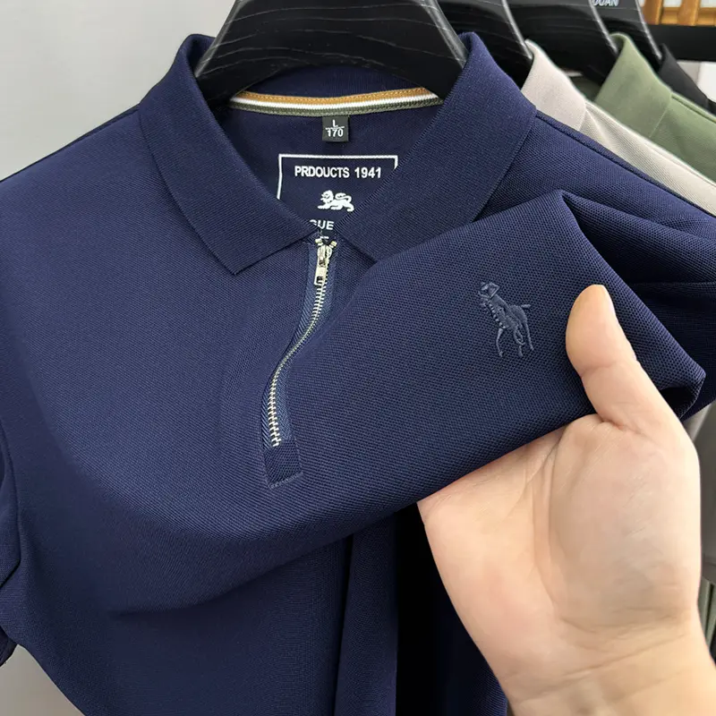 High End Luxury Men's Polo Shirt Lapel T-Shirt Summer New Half Zipper Horse Embroidery Short Sleeve Business Leisure Menswear