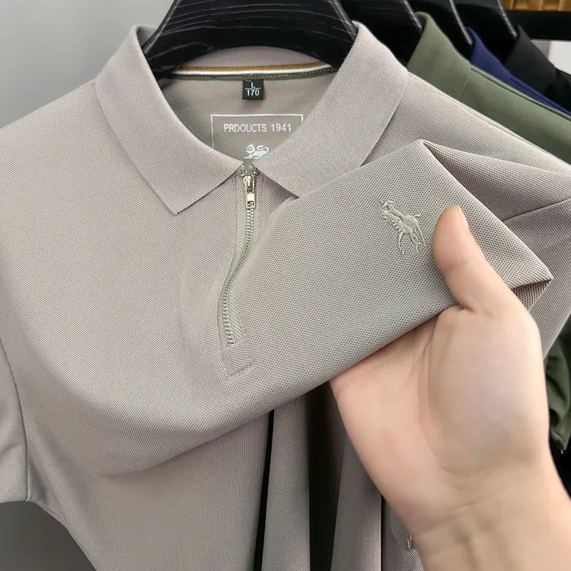 High End Luxury Men's Polo Shirt Lapel T-Shirt Summer New Half Zipper Horse Embroidery Short Sleeve Business Leisure Menswear
