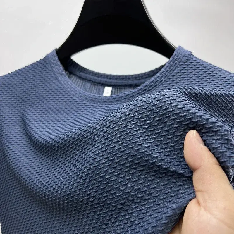 Summer Ice Silk High-End Solid Color High Quality Short Sleeve T Shirts Men's Breathable Fashion T-Shirt Male Brand Clothes 4XL