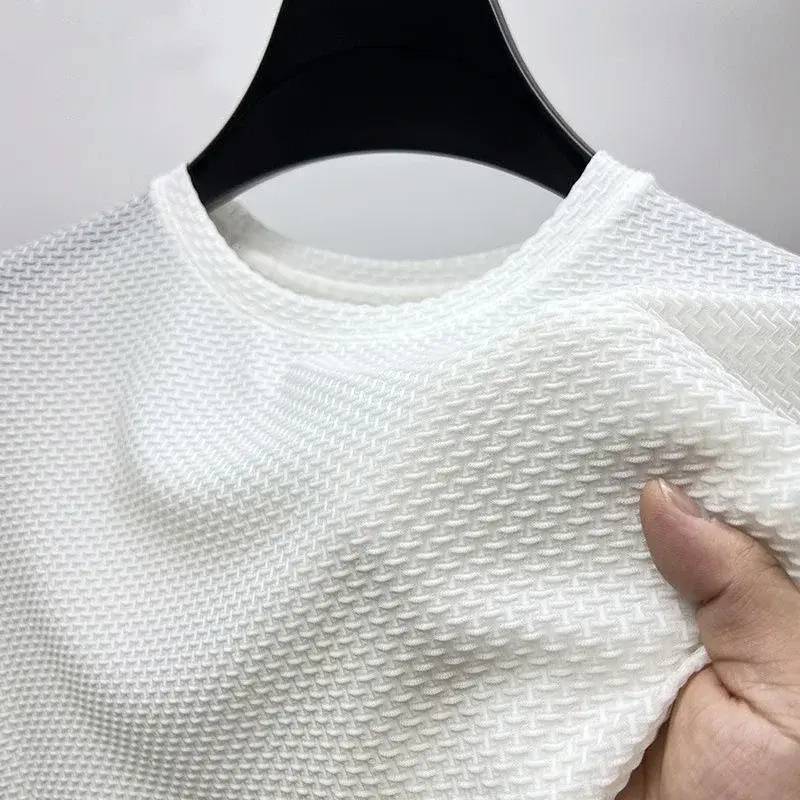 Summer Ice Silk High-End Solid Color High Quality Short Sleeve T Shirts Men's Breathable Fashion T-Shirt Male Brand Clothes 4XL