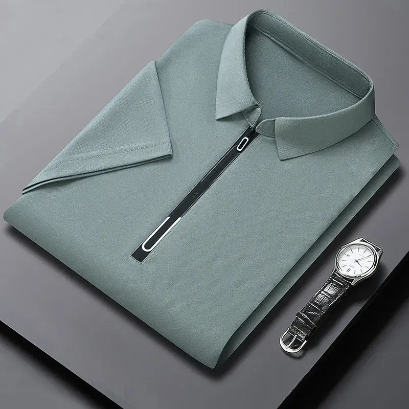 New Men's Business Casual Zipper Short Sleeve Solid Color Polo Shirt Fashionable Warm Comfortable Four Seasons Versatile Top
