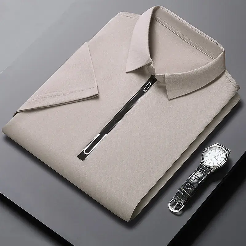 New Men's Business Casual Zipper Short Sleeve Solid Color Polo Shirt Fashionable Warm Comfortable Four Seasons Versatile Top