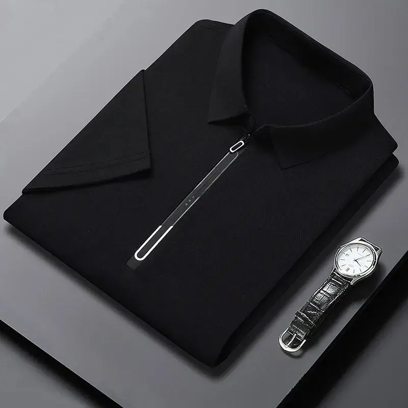 New Men's Business Casual Zipper Short Sleeve Solid Color Polo Shirt Fashionable Warm Comfortable Four Seasons Versatile Top
