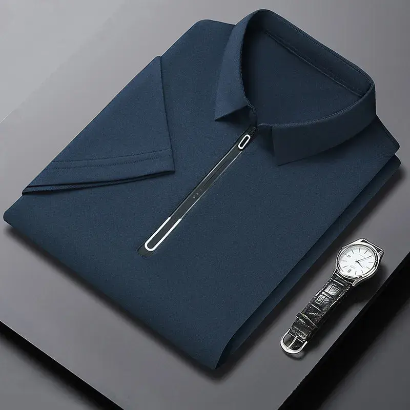 New Men's Business Casual Zipper Short Sleeve Solid Color Polo Shirt Fashionable Warm Comfortable Four Seasons Versatile Top