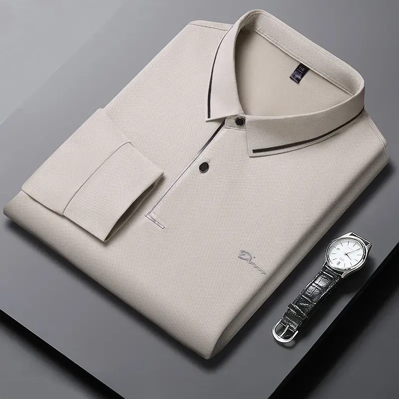 New Men's Business Casual Long Sleeved Shirt with Badge Solid Color Polo Shirt Fashionable Breathable Comfortable Versatile Top