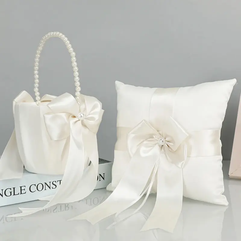 Flower Girl Basket Ring Bearer Pillow Set White Romantic Satin Bow Pearls Ring Pillow For Bride/Kid Wedding Ceremony Party Decor
