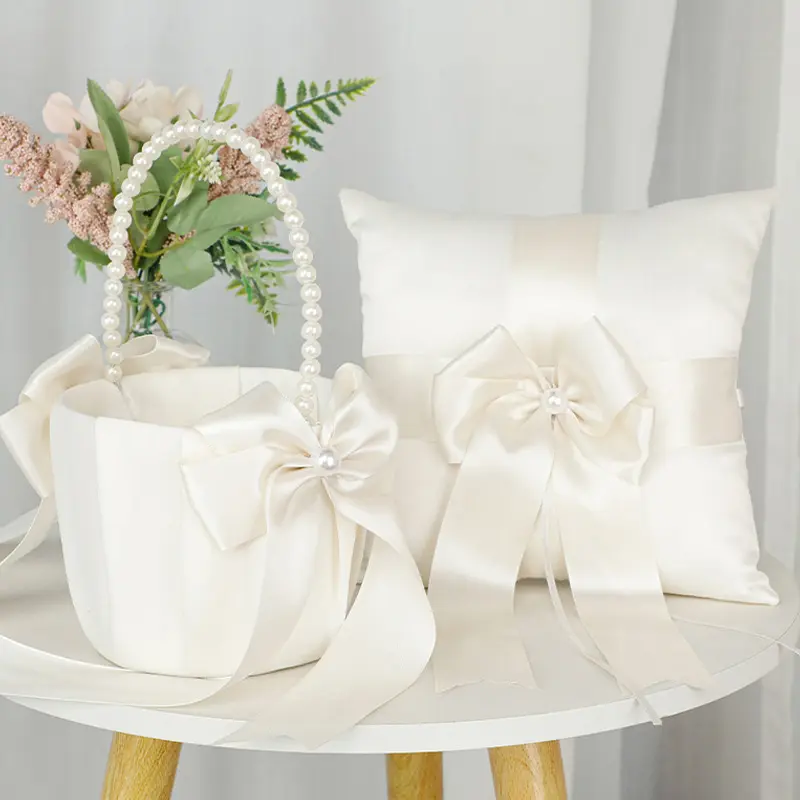 Flower Girl Basket Ring Bearer Pillow Set White Romantic Satin Bow Pearls Ring Pillow For Bride/Kid Wedding Ceremony Party Decor