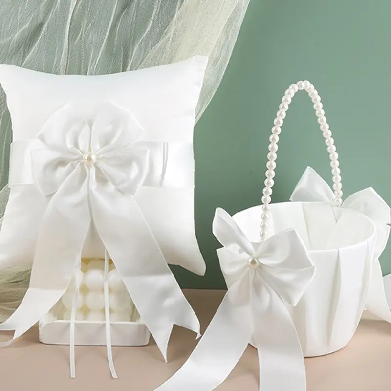 Flower Girl Basket Ring Bearer Pillow Set White Romantic Satin Bow Pearls Ring Pillow For Bride/Kid Wedding Ceremony Party Decor