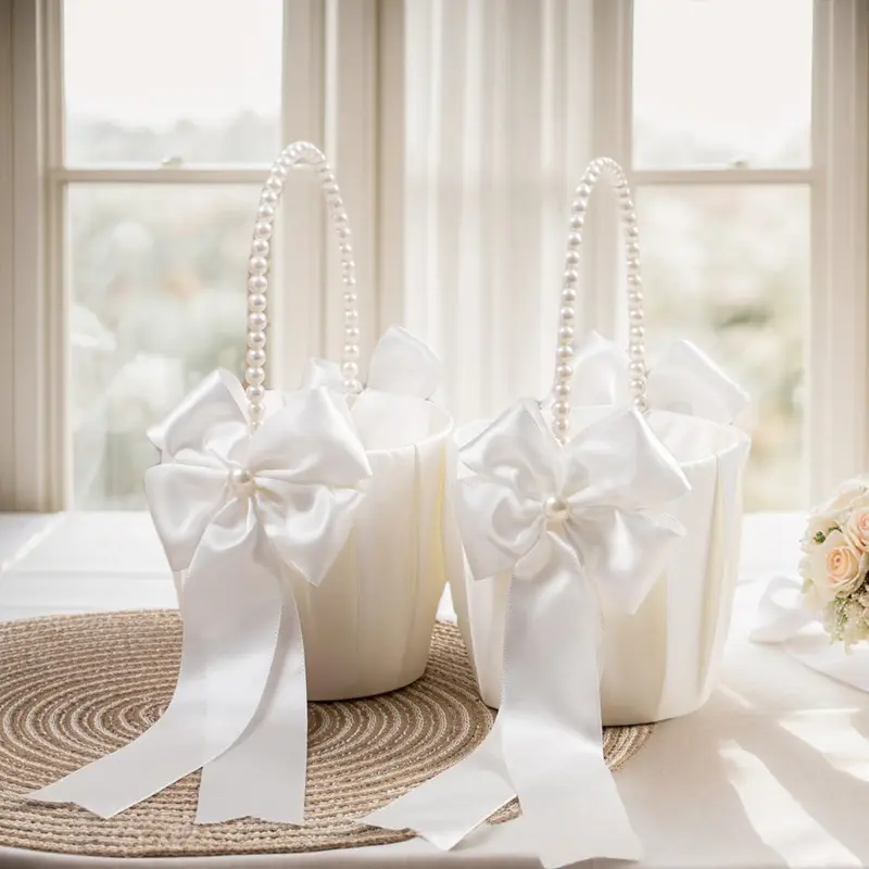 Flower Girl Basket Ring Bearer Pillow Set White Romantic Satin Bow Pearls Ring Pillow For Bride/Kid Wedding Ceremony Party Decor
