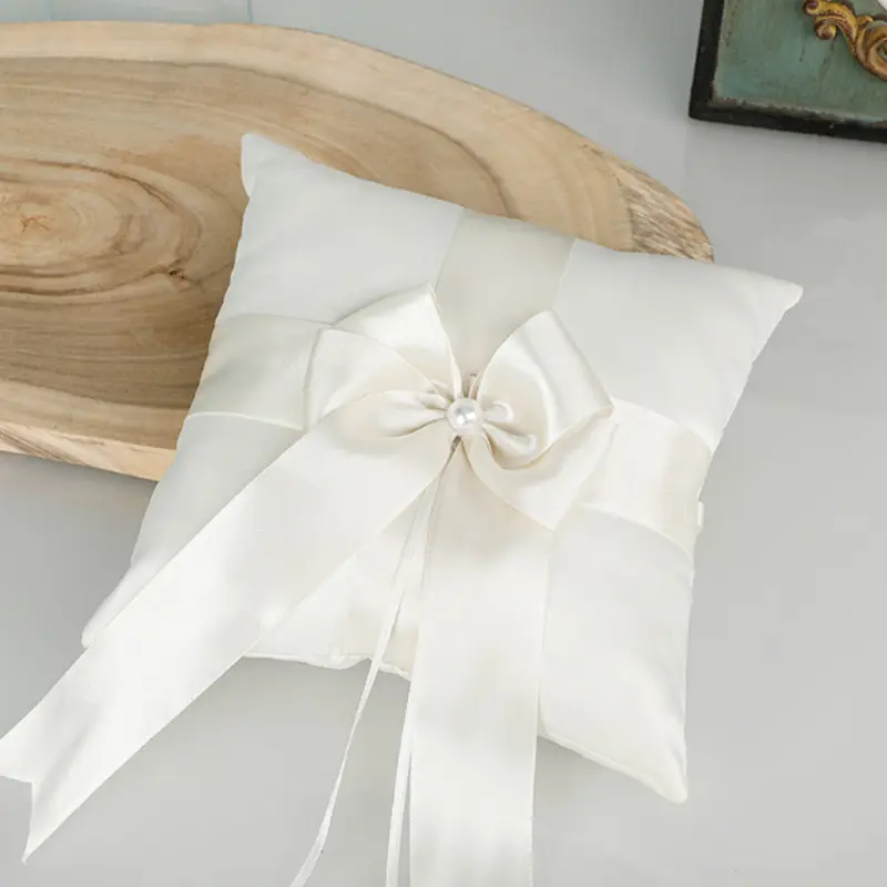 Flower Girl Basket Ring Bearer Pillow Set White Romantic Satin Bow Pearls Ring Pillow For Bride/Kid Wedding Ceremony Party Decor
