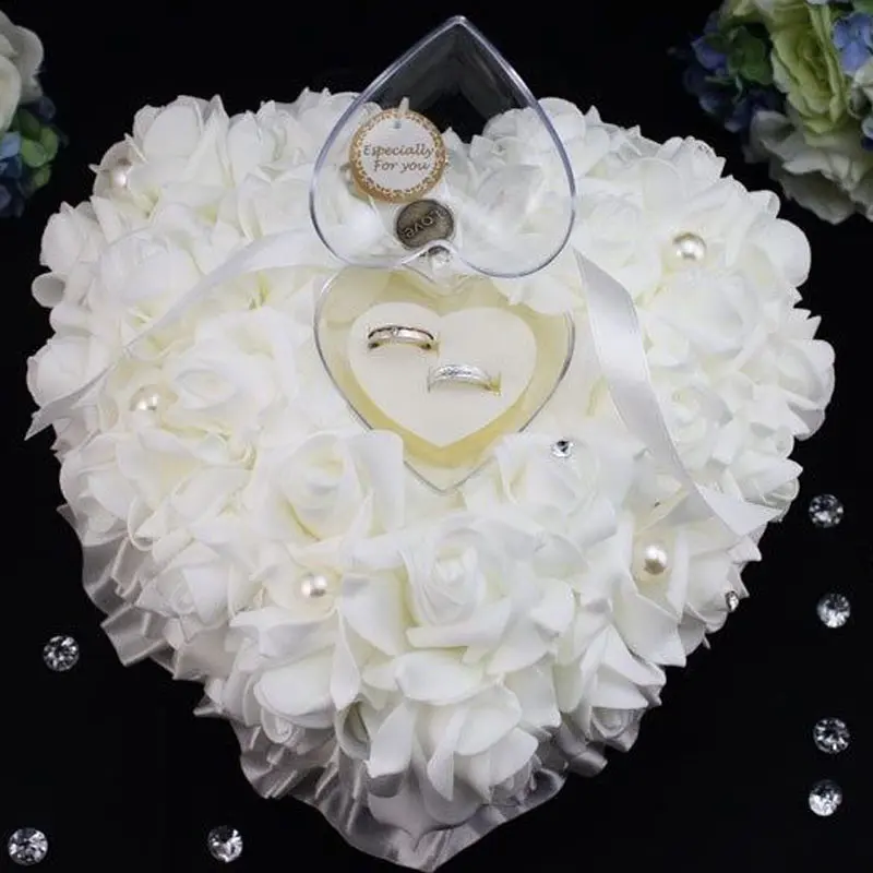 Combhasaki Romantic Rose Wedding Ceremony Favors Heart Shaped Pearl Gift Ring Box Ring Bearer Pillow Cushion