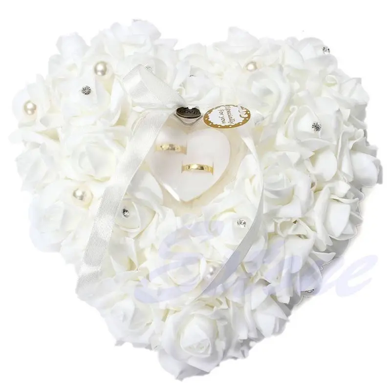 Combhasaki Romantic Rose Wedding Ceremony Favors Heart Shaped Pearl Gift Ring Box Ring Bearer Pillow Cushion