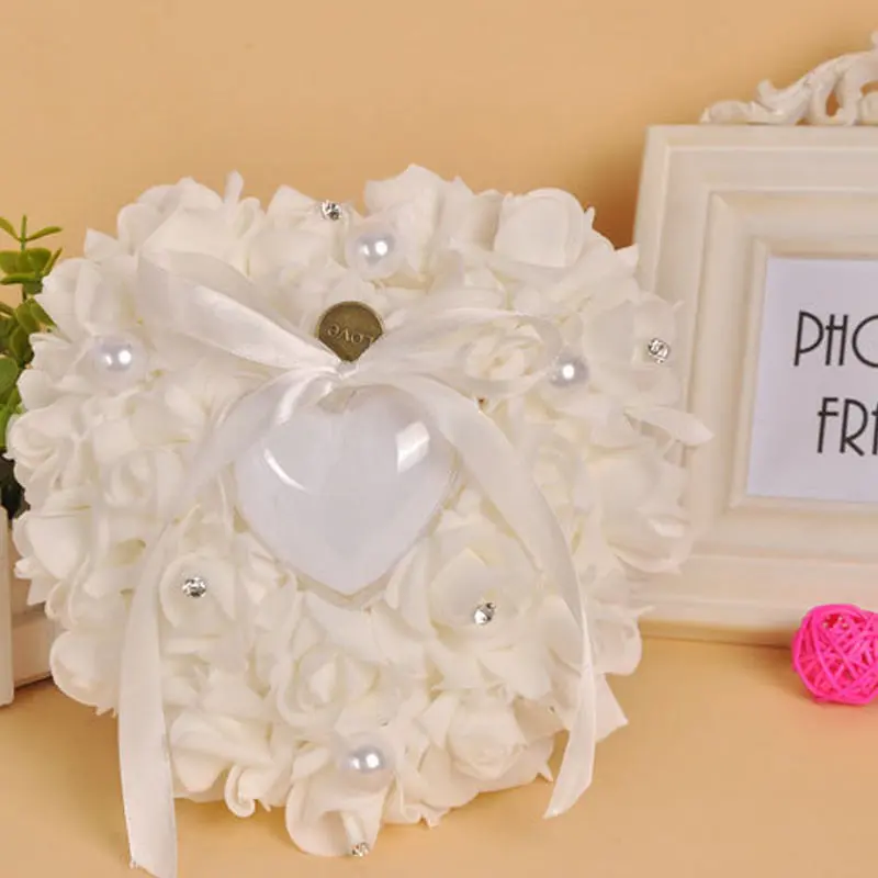 Combhasaki Romantic Rose Wedding Ceremony Favors Heart Shaped Pearl Gift Ring Box Ring Bearer Pillow Cushion