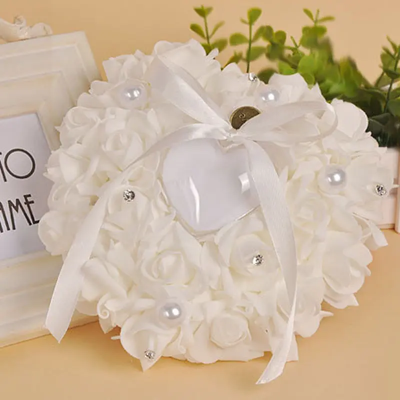Combhasaki Romantic Rose Wedding Ceremony Favors Heart Shaped Pearl Gift Ring Box Ring Bearer Pillow Cushion