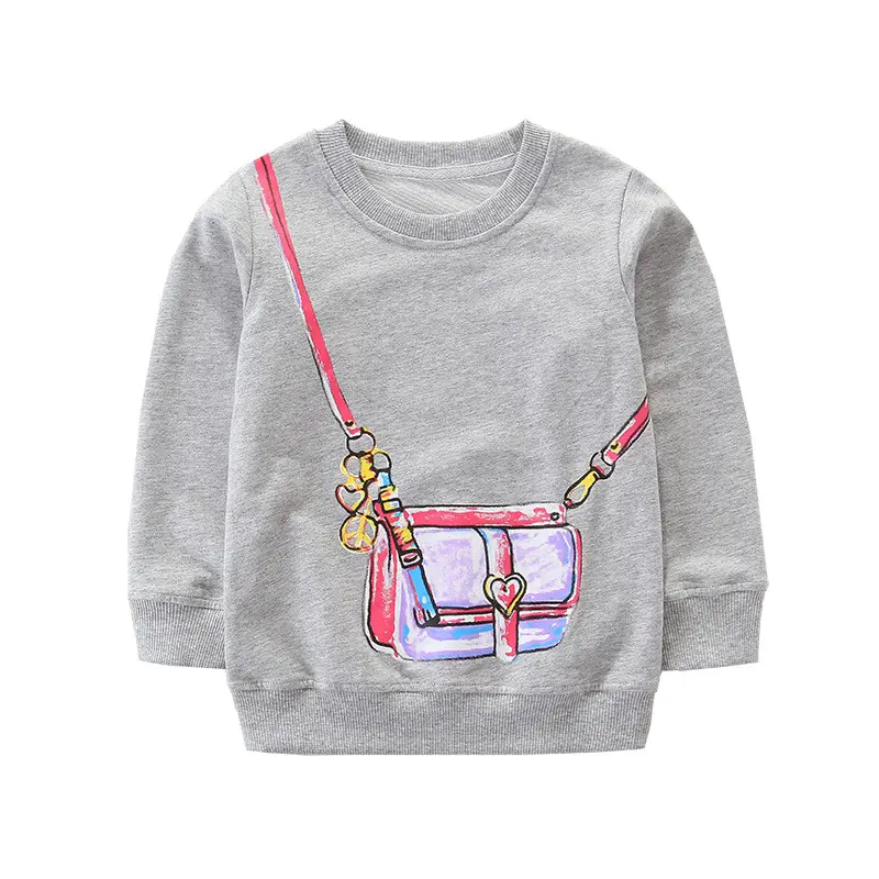 Little maven 2023 Kids Clothes Cartoon Bag Design Sweatshirt Cotton Spring and Autumn Tops Grey Shirt for Baby Girls