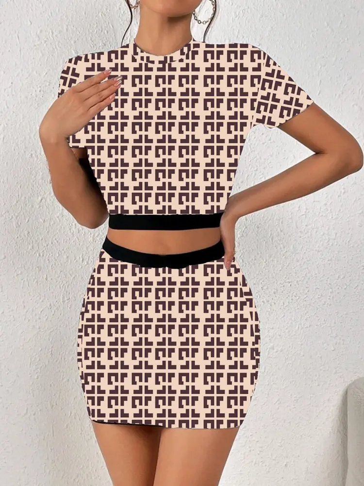 All-over printed elastic waist skirt and T-shirt two-piece set