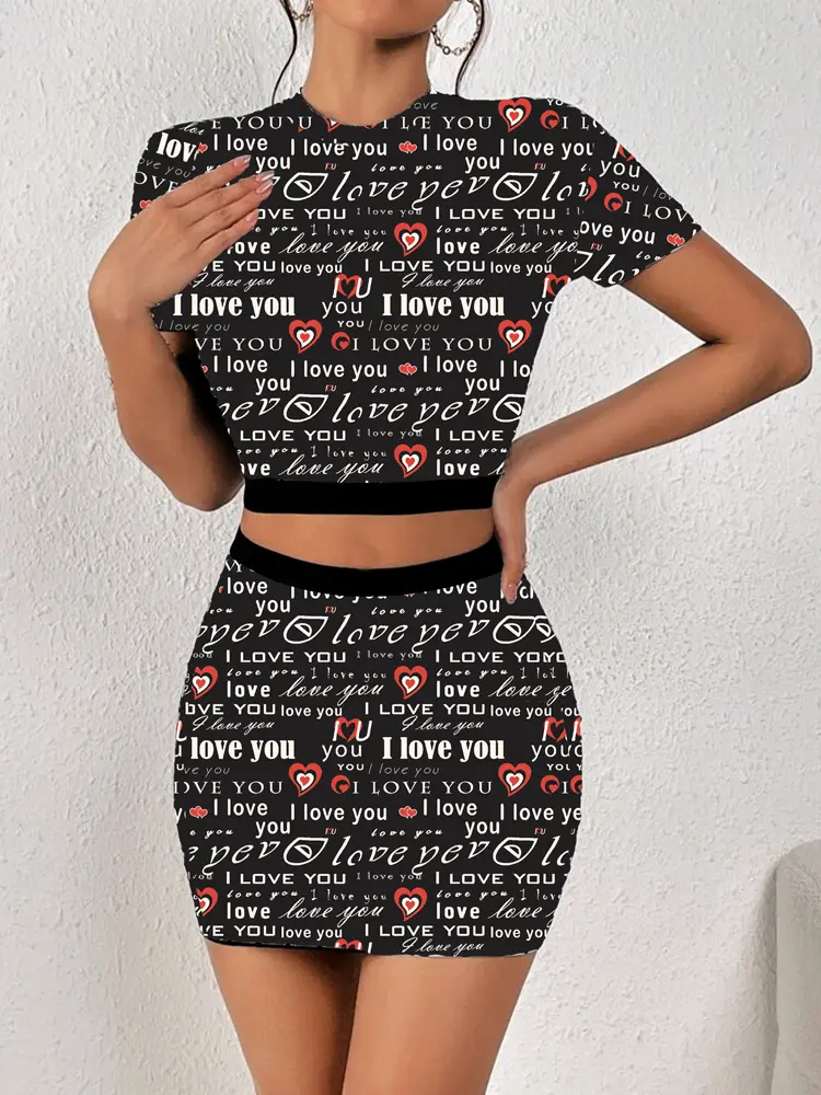 All-over printed elastic waist skirt and T-shirt two-piece set