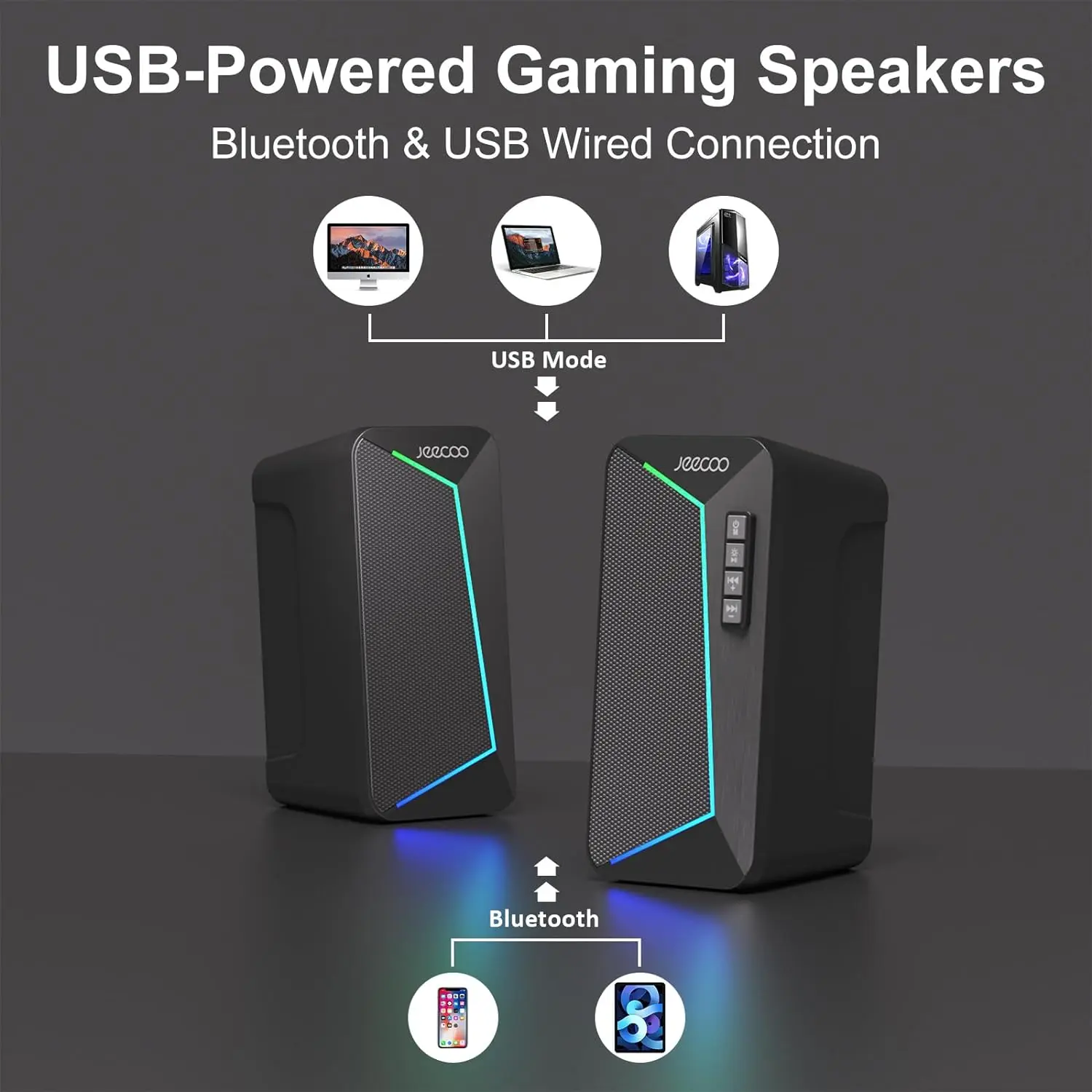Jeecoo M30 Bluetooth Computer Speakers, PC Gaming Speakers for Desktop with Crisp Stereo Sound,Dynamic LED Modes,10W-USB-Powered