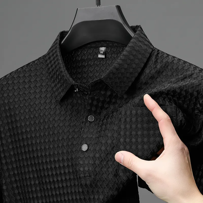 Elastic Men's Summer Ice Silk Short-sleeved T-shirt Middle-aged Dad Wear Lapel Polo Shirt Cool Top Clothes