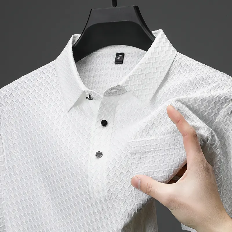 Elastic Men's Summer Ice Silk Short-sleeved T-shirt Middle-aged Dad Wear Lapel Polo Shirt Cool Top Clothes