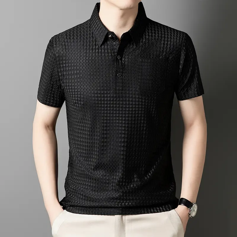 Elastic Men's Summer Ice Silk Short-sleeved T-shirt Middle-aged Dad Wear Lapel Polo Shirt Cool Top Clothes