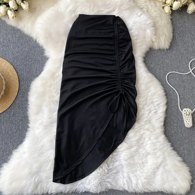 Sexy Draped Irregular Lace up Drawstring Folds Midi Skirt High Split Dress Women Clothes Office Lady Wrap Buttock Elegant Solid