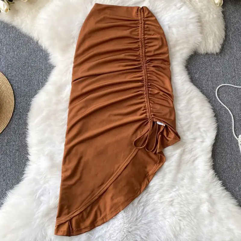 Sexy Draped Irregular Lace up Drawstring Folds Midi Skirt High Split Dress Women Clothes Office Lady Wrap Buttock Elegant Solid