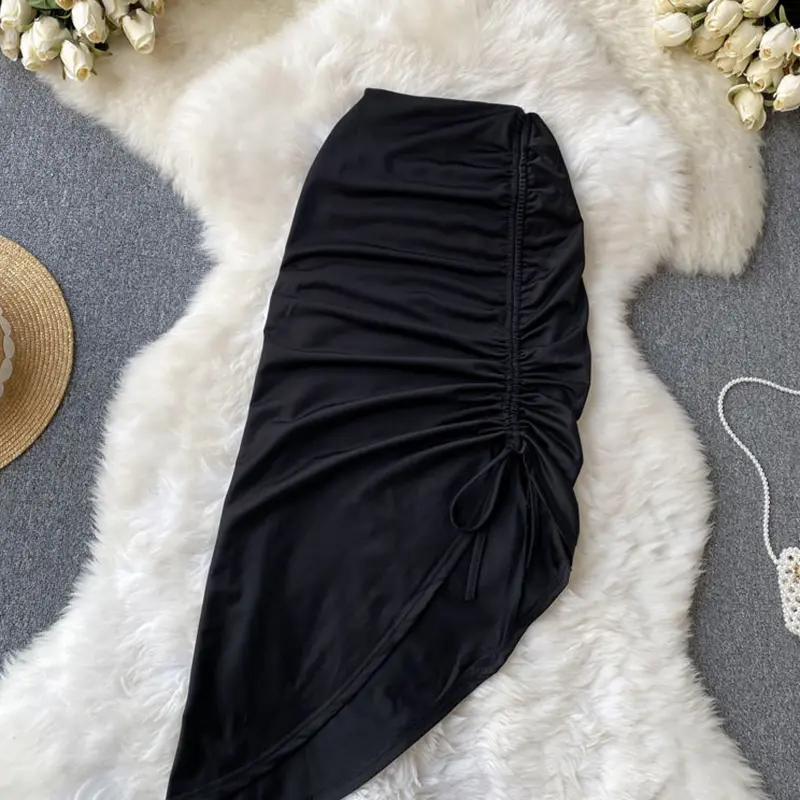 Sexy Draped Irregular Lace up Drawstring Folds Midi Skirt High Split Dress Women Clothes Office Lady Wrap Buttock Elegant Solid