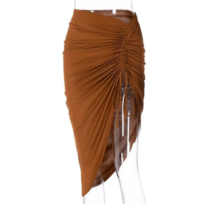 Sexy Draped Irregular Lace up Drawstring Folds Midi Skirt High Split Dress Women Clothes Office Lady Wrap Buttock Elegant Solid