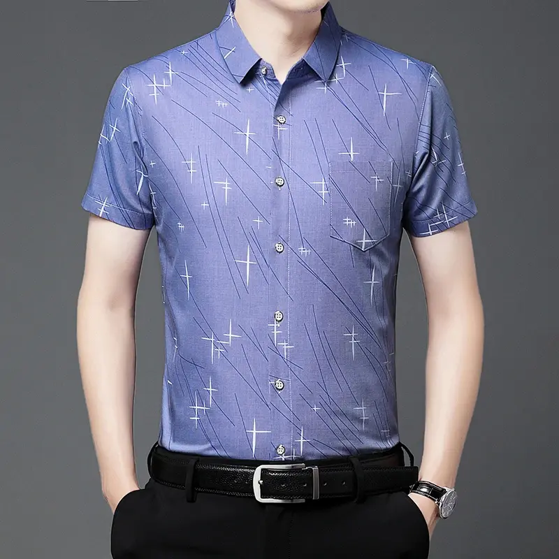 New Men's Business Casual Short Sleeved Printed Shirt with Wrinkle Resistance No Ironing Comfortable All Season Versatile Top