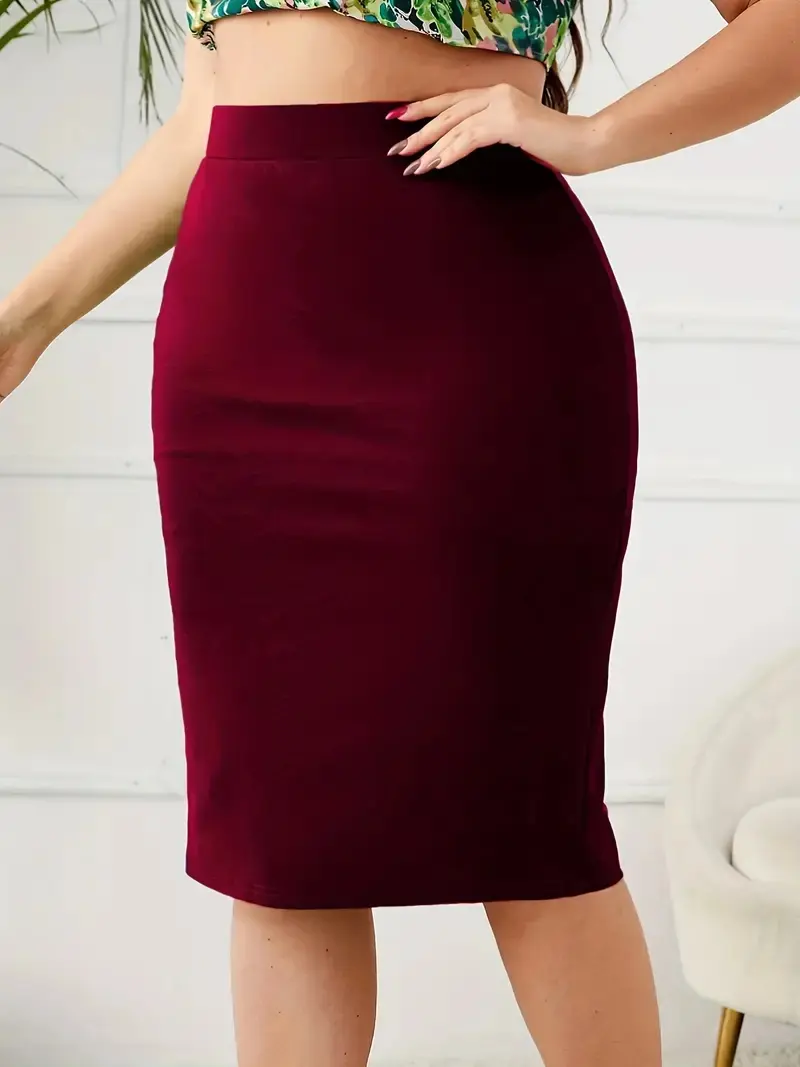 2025 Summer Plus Size Solid Slim Skirt, Casual High Waist Slit Skirt, Women's Plus SizeClothing