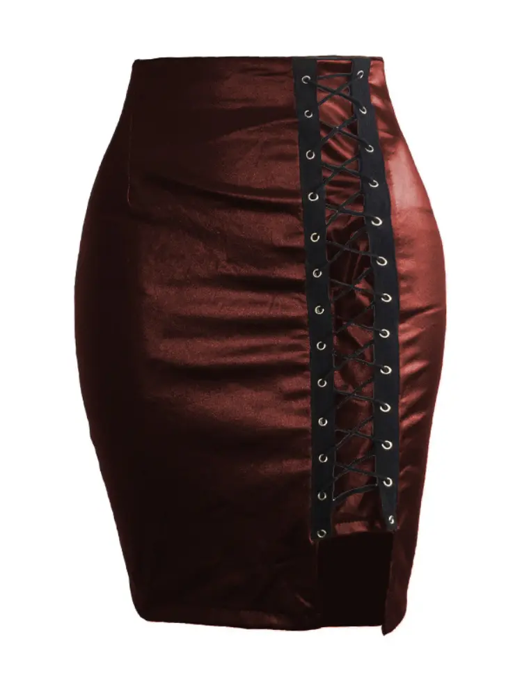 Sexy PU Imitation Leather Cross Bandage Split Mini Skirt Women High-waist Slim Skirts Office Lady Bodycon Skirt Club Party