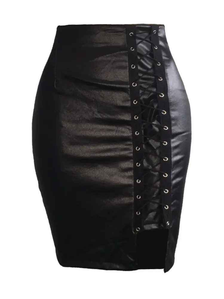 Sexy PU Imitation Leather Cross Bandage Split Mini Skirt Women High-waist Slim Skirts Office Lady Bodycon Skirt Club Party